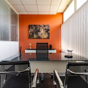 Bureau moderne avec mur orange, table en verre, et tableau représentant un lion.